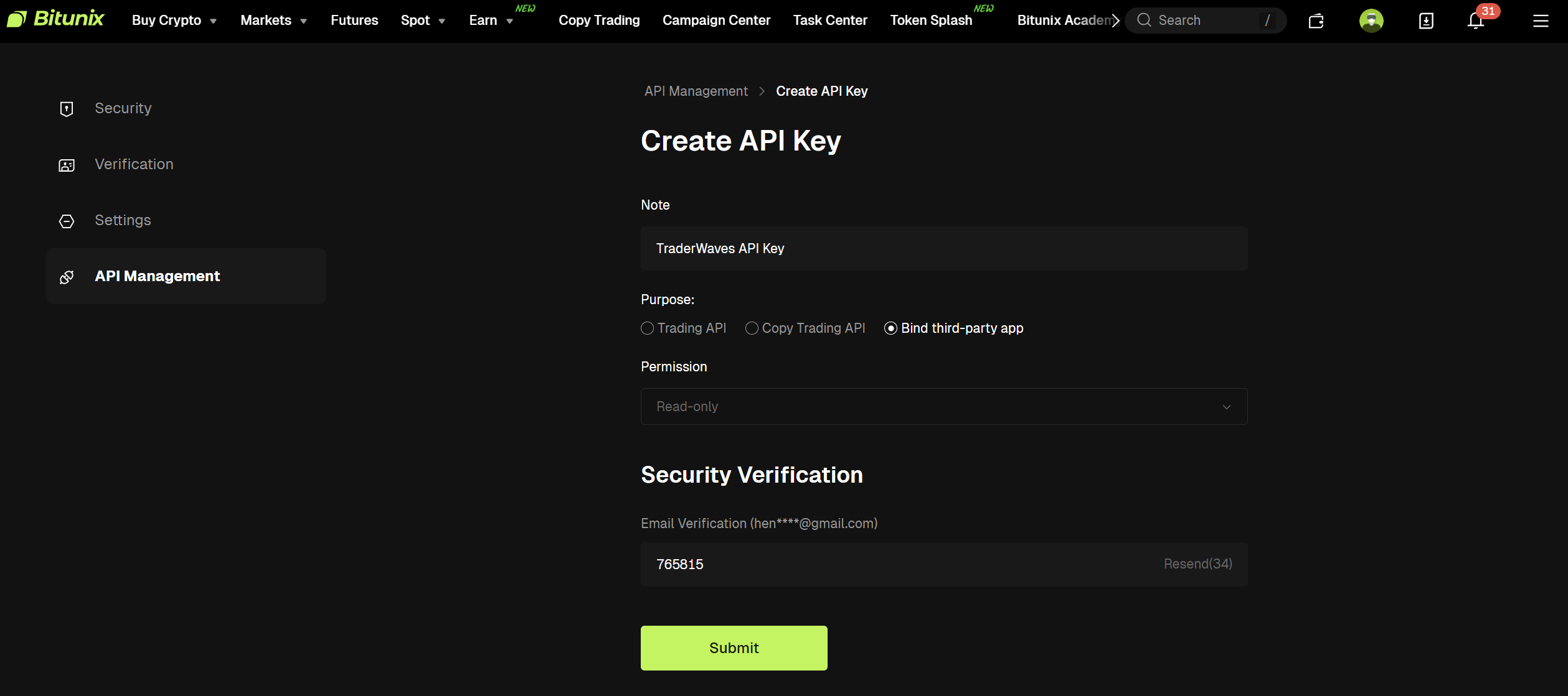 Bitunix API key creation form showing the settings needed for TraderWaves connection
