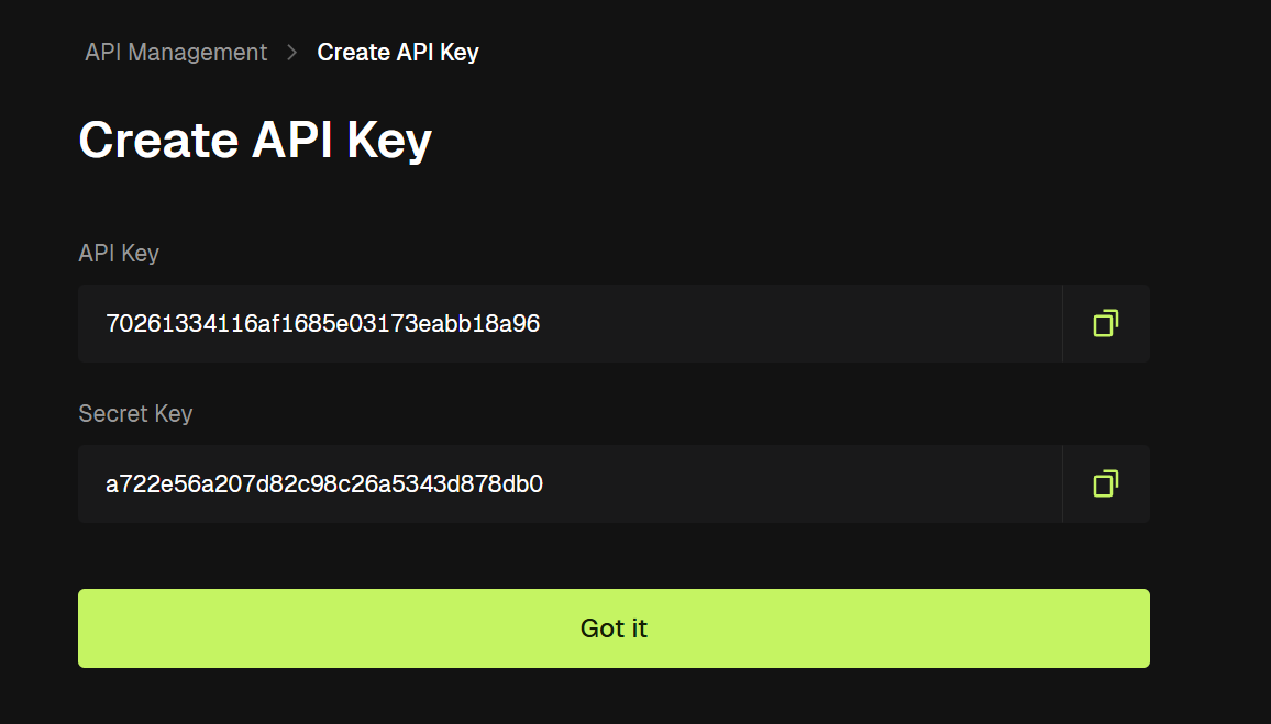 Bitunix API key generation page showing the API Key and Secret Key with copy buttons